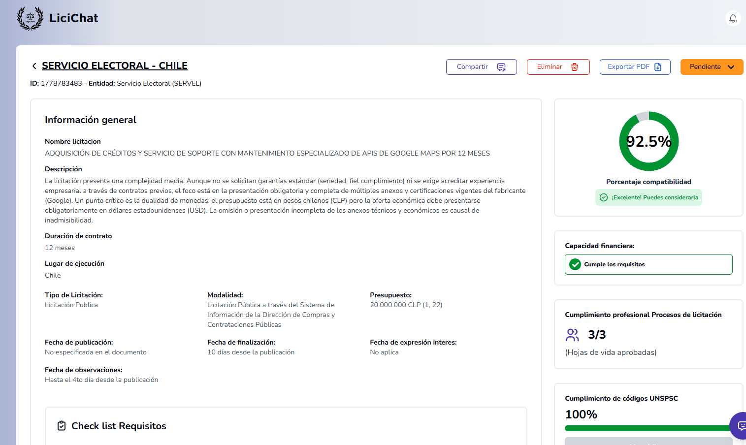 LiciChat — Detalle licitación con compatibilidad 92.5%